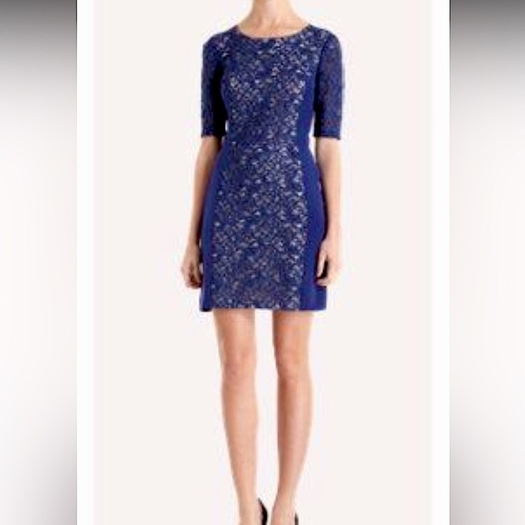 Barney’s New York Blue Silk Lace Sheath Dress  Blue Short Sleeve Cocktail Dress - Picture 1 of 15